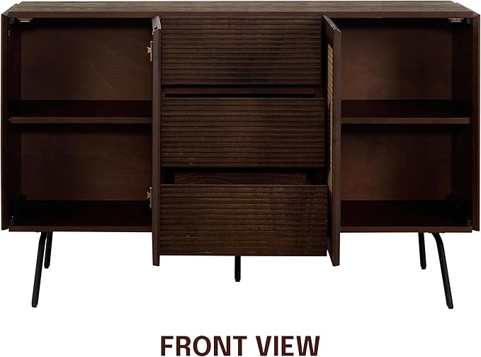 NTC MOSSIC Sideboard with 2 Doors and 3 Drawers, Buffet Cabinet with Natural Rattan and Metal Legs, Modern Storage Cabinet for Living Room, and Hallway, Effortless Assembly - Dark Walnut