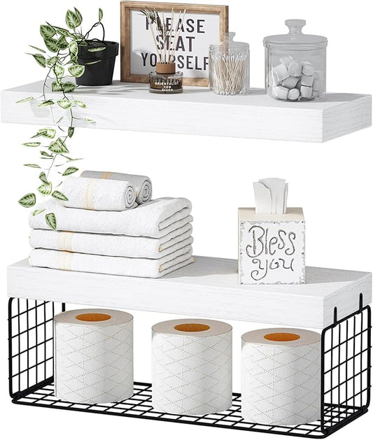 QEEIG Bathroom Shelves Over Toilet - Wall Mounted Floating Shelves Toilet Paper Storage Small Farmhouse Decor Shelf 16 inch Set of 2, White and Black (019-WB2)