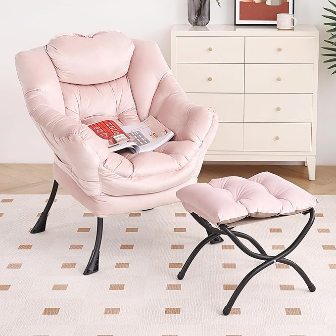 Lazy Chair with Ottoman, Modern Chair with Folding Footrest, Lounge Accent Chair, Comfortable Reading Chair, Oversized Armchairs for Bedroom, Study, Living Room, Courtyard (Pink)