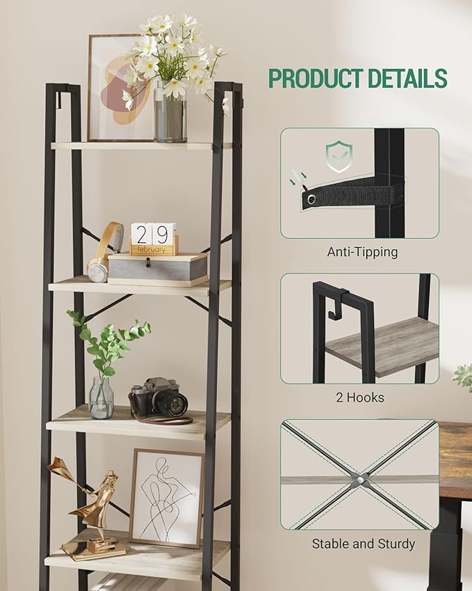 Ladder Shelf, Bookshelf Bookcase, Freestanding Corner Storage Shelve with 2 Hooks for Home Office, Living Room, Kitchen, Bedroom, Industrial, 5-Tier Greige BC19205B