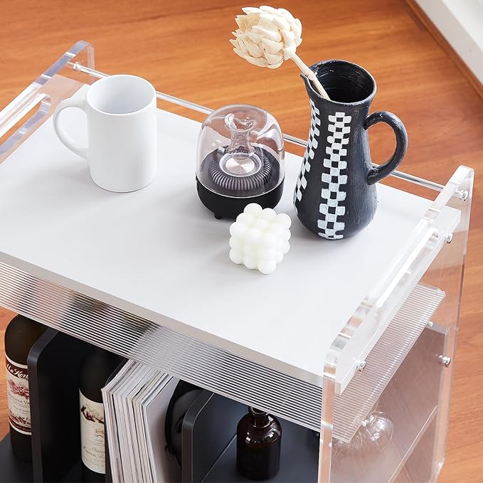 Acrylic Record Player Stand，Vinyl Storage Holder Cabinet with Wheels，Large Turntable Stand with Shelf,Coffe Table Movable End Table Nightstand Stereo Cabinet for Living Room Bedroom Office
