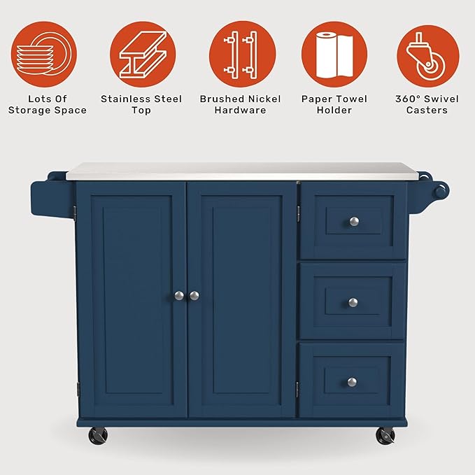 homestyles Mobile Kitchen Island Cart with Stainless Steel Top, Blue