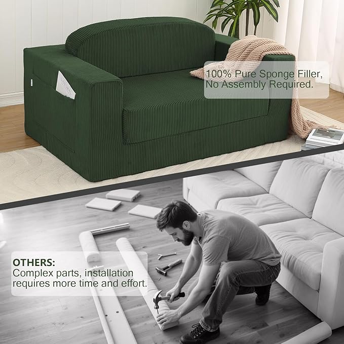 MeMoreCool Cozy Small-Space Convertible Loveseat to Guest Bed – Boneless Corduroy Floor Couch with High-Density Foam, Removable Washable Cover, No-Assembly Fold-Out Sofa