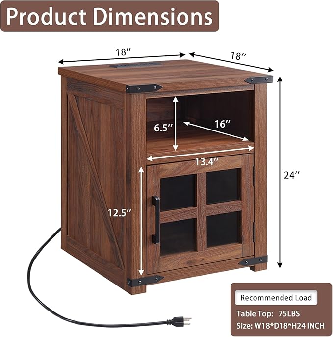 Farmhouse Nightstand with Charging Station, Rustic End Table with Tempered Glass Barn Door, Wood Sofa Side Bedside Table with Open Storage Shelf for Living Room, Bedroom, Brown, 2 Pack