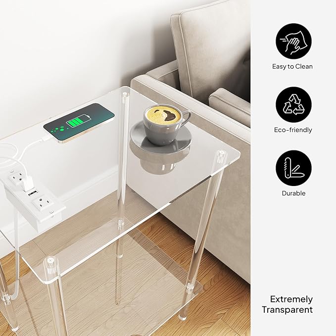 Eglaf Acrylic Side Table with Charging Station & USB Ports - Small Nightstand Bedside Table End Table for Living Room, Bedroom - 15.7'' L x 11.8'' W x 21.7'' H, 2 Tier
