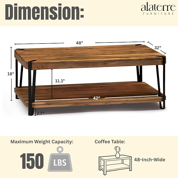 Alaterre Furniture Ryegate 48" Live Edge Wood Coffee Table â€“ Solid Acacia with Metal Frame, Industrial Modern Design, Rustic Rectangle Table with Clear Finish for Living Room or Lounge