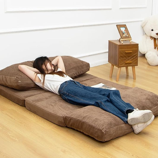 N&V Folding Matress Sofa Bean Bag Bed, Foam Filling Folding Matress Sofa, Includes Removable and Machine Washable Cover, Soft Premium Corduroy (Medium, Brown Suagr)