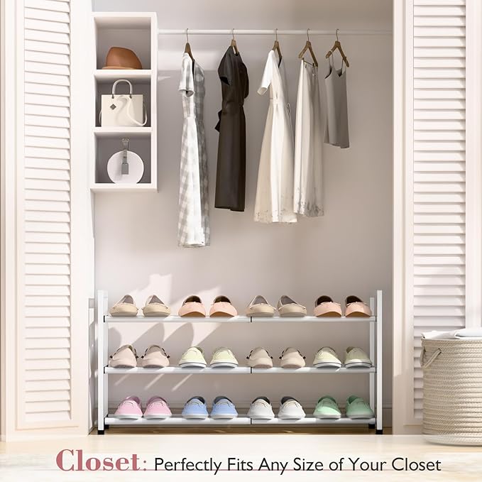 Bumusty 3-Tier Expandable Shoe Rack for Closet, 18“-33” Adjustable Shoe Rack for Small Space, Small Shoe Organizer for Front Door, Sturdy Metal, White