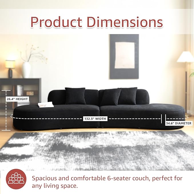 Container Furniture Direct 132" Curved Sofa with Throw Pillows, 6 Seater Luxury Velvet Couch with Half Moon Design and High-Density Foam, Ideal for Modern Living Room, Office & Apartment, Black