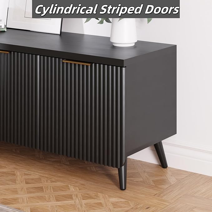 TV Stand for Living Room, Fluted Television Cabinet with 4 Stripe Doors, Modern Entertainment Center for 55/60/65 inch TV, Media Console with Wooden Legs & Metal Handles, Black