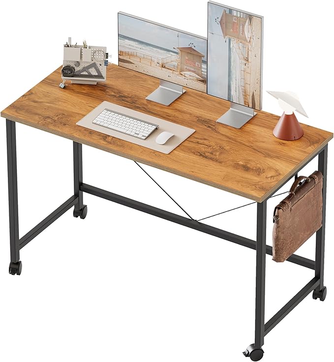 Rolling Computer Desk with Wheels, Gaming Desk for Small Spaces, Modern Simple Style Table for Home Office, Study Writing Table (Caster, Light Antique, 40 inch)