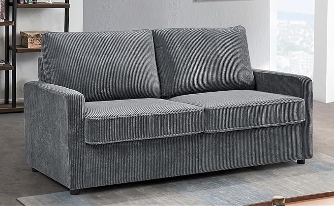 Reversible Sleeper Sofa Bed with Comfortable Memory Foam Mattress, Convertible Corduroy Full Size Pull Out Couch for Living Room, Space Saving Furniture, 70" Wide, Rectangular Arms, Grey