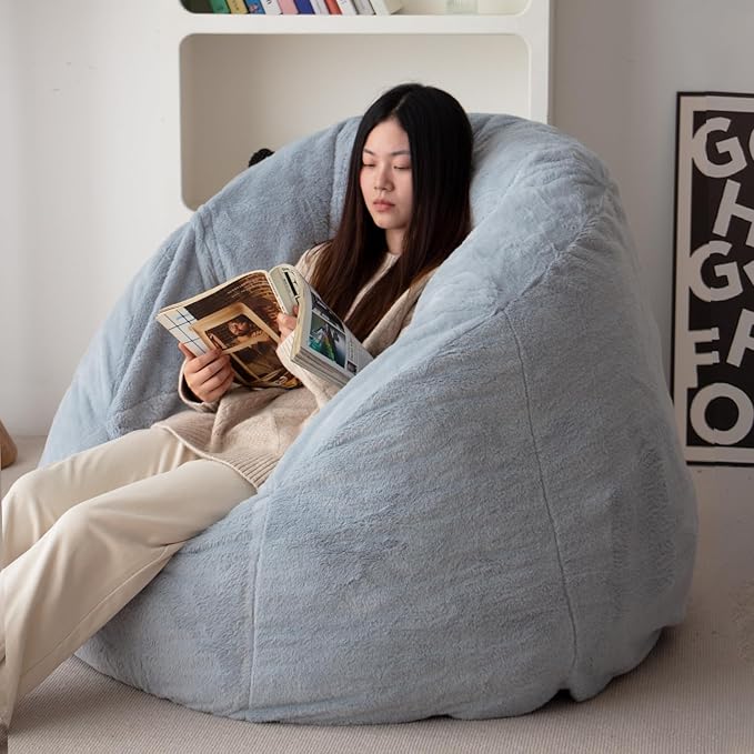 N&V Large Shell Bean Bag Chair, Adult Size Bean Bag Sack, Foam Filling, Includes Removable and Machine Washable Cover, 40in, Soft Faux Fur, Grey