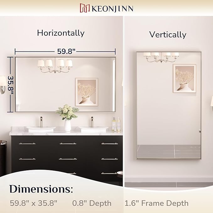 Keonjinn 60 x 36 in Brushed Nickel Bathroom Mirror, Rectangular Metal Framed Wall Vanity Mirror for Over Sink Square Corner Aluminum Alloy Modern Decorative Rectangle Mirror(Horizontal/Vertical)