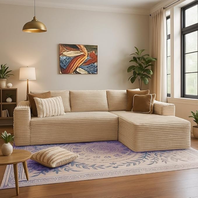 COMHOMA 105”Modular Sectional Sofa with Deep Seat,Cloud Upholstered L-Shape Couch Wide Arms Corduroy Fabric High-Density Foam Chaise Lounge for Living Room No Assembly Required