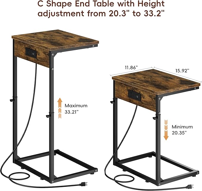 Vagusicc C Shaped End Table with Charging Station, Adjustable Height Side Table for Couch, Small Side Table, 33.2'' Tall Couch Tables That Slide Under, Tv Tray End Table for Living Room, Rustic Brown