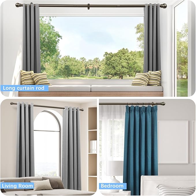 Curtain Rods for Windows 16 to 120 Inches, Curtain Rod Max Adjustable Length of 132 IN, 6/8" Diameter Drapery Rods Round Finials, Brown, Pack of 2