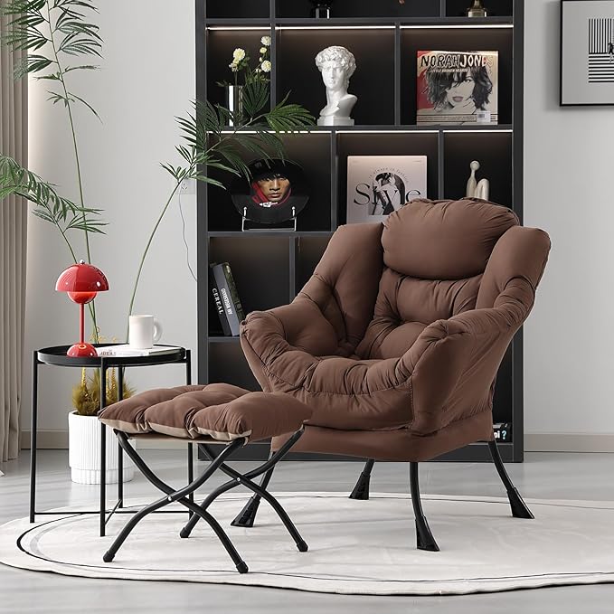 Lazy Chair with Folding Ottoman, Modern Accent Lounge Armchair with Armrests and a Side Pocket & Foldable Footstool, Leisure Reading Chair for Living Room, Bedroom, Dorm & Office, Dark Brown