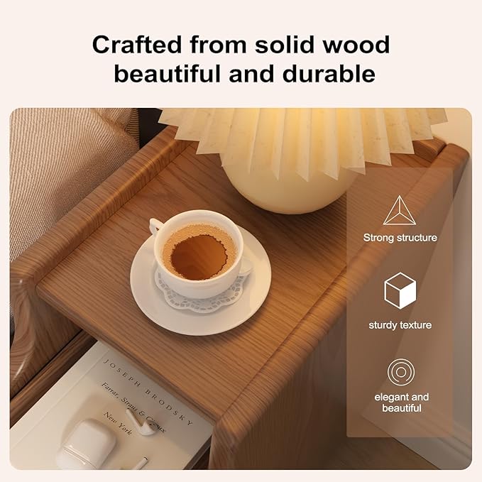 Small Nightstand with Drawers, Solid Wood Bedside Table, Narrow Walnut Nightstand for Bedroom