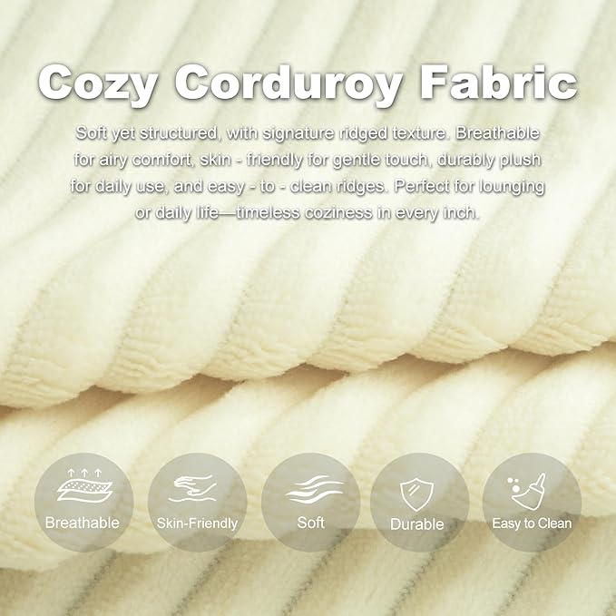 Giant Bean Bag Chair for Adults,Corduroy Chaise Lounge with Unrivaled Back Support, Detachable Neck Pillow, Comfortable Ottoman & Washable Cover for Living Room, Bedroom, Garden(White)