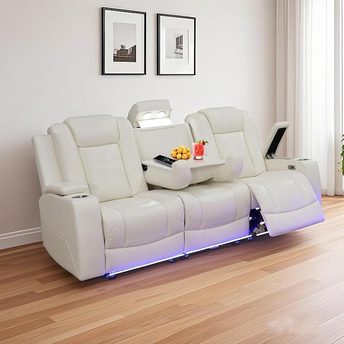 PU Leather Power Wall Hugger Chair Double Reclining Sectional Sofa 3-Seater Loveseat Couch with Reversible Coffee Table, Wireless Chargers, USB Port, Cup Holders, Storage Armrest, Ambient LED Light