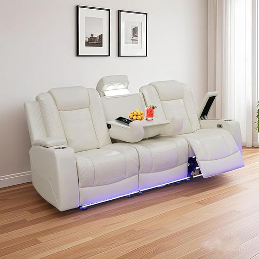 PU Leather Power Wall Hugger Chair Double Reclining Sectional Sofa 3-Seater Loveseat Couch with Reversible Coffee Table, Wireless Chargers, USB Port, Cup Holders, Storage Armrest, Ambient LED Light