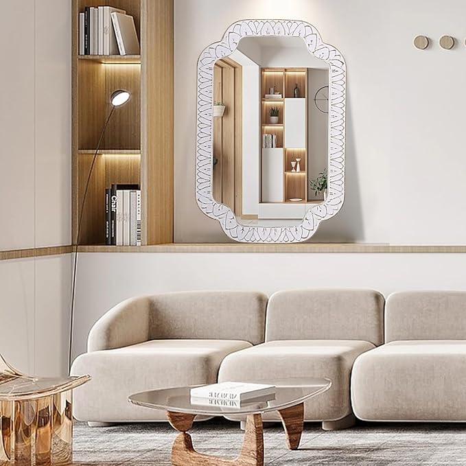 36x24 Inch Scalloped Wall Mirror with Wooden Frame, Rustic Farmhouse Bathroom Vanity Mirror, Decorative Mirrors for Living Room, Bedroom, Entryway – Vertical or Horizontal Mount
