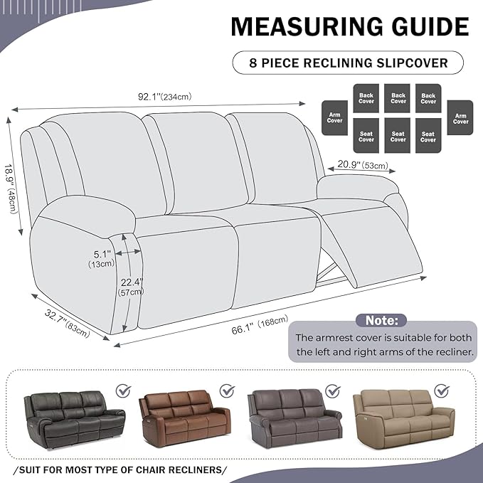 vctops 8 Pieces Geometric Jacquard Plush Recliner Sofa Covers Soft Fuzzy Fluffy 3 Seats Couch Cover Anti-Slip Sofa Slipcover Furniture Protector with Elastic Bottom for Kids Pet(Grey,3 Seat)