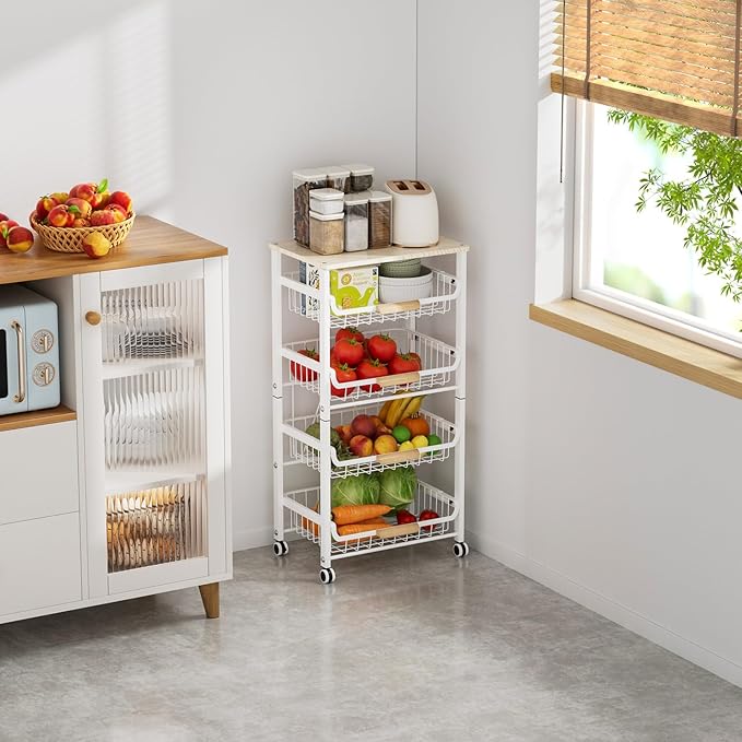 5-Tier Pull-Out Kitchen Storage Cart on Wheels, Fruit Basket, Bedroom Kitchen Organizer, White, 17x11.9x33.66 inches
