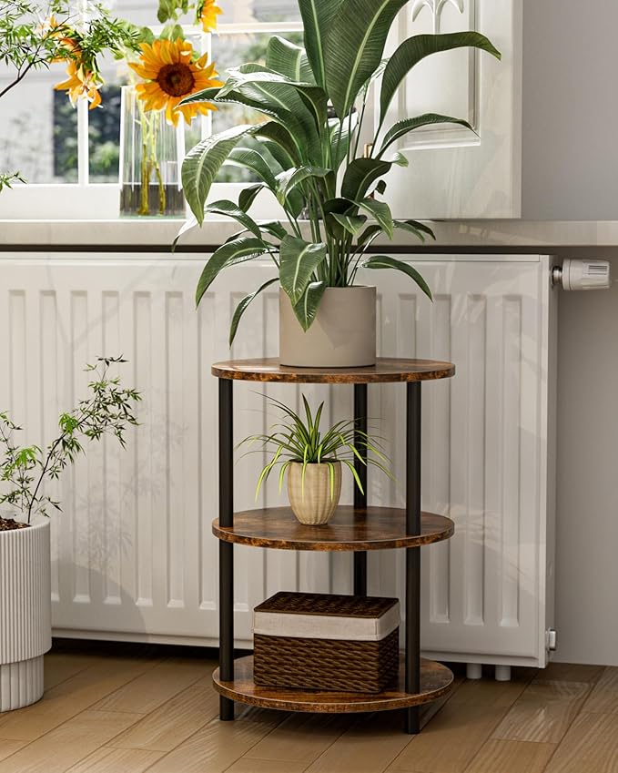 Small Round End Table - 3 Tier Design Accent Table, Narrow Side or Bedside Stand, Industrial Vintage Nightstand for Bedroom, Living Room, or Small Spaces, Rustic Brown