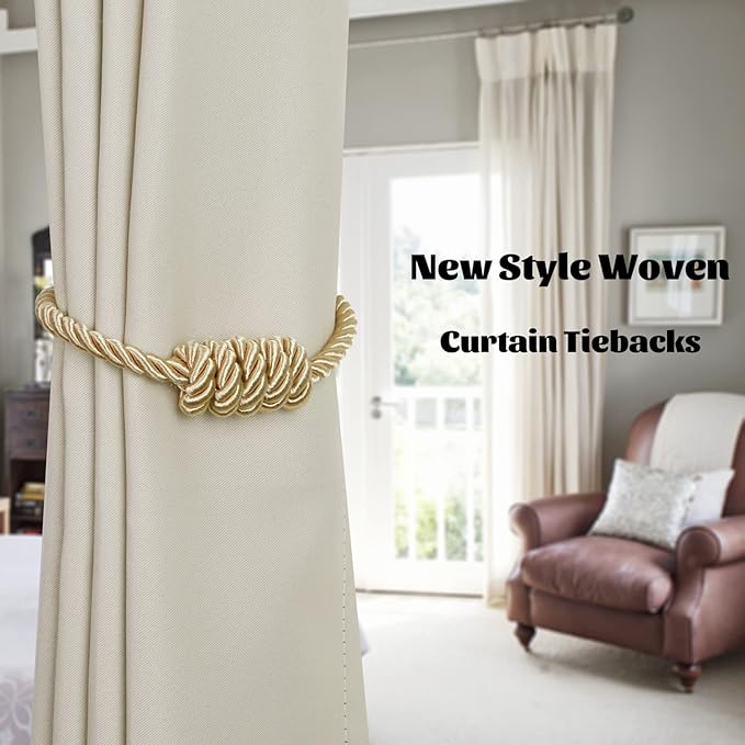 BEL AVENIR Magnetic Curtain Tiebacks, Decorative Drapery Holdbacks Modern Woven Tie-Backs with Exquisite Knot (Gold, 6 Pack)