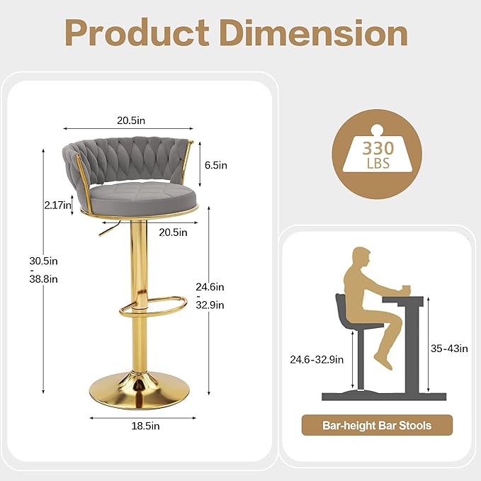 VECELO Bar Stools Set of 2, Adjustable Barstools Counter Height Stools with Back and Arm, Velvet Woven Kitchen Island Stools w/Gold Metal Leg & Base, 360° Swivel Bar Chair, Light Grey