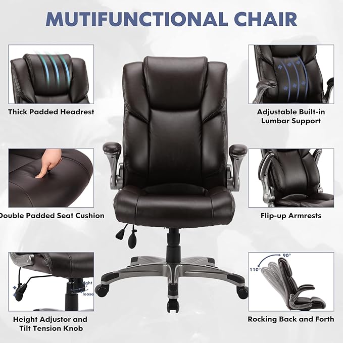 COLAMY High Back Executive Office Chair- Ergonomic Home Computer Desk Leather Chair with Padded Flip-up Arms, Adjustable Tilt Lock, Swivel Rolling Chair for Adult Working Study-Brown