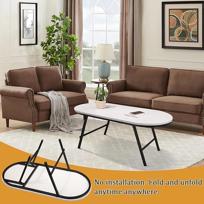 Small Oval Coffee Table Wooden Low Coffee Table with Folding Legs Portable White Center Table Simple Modern Floor Table Desk for Living Room Home Office