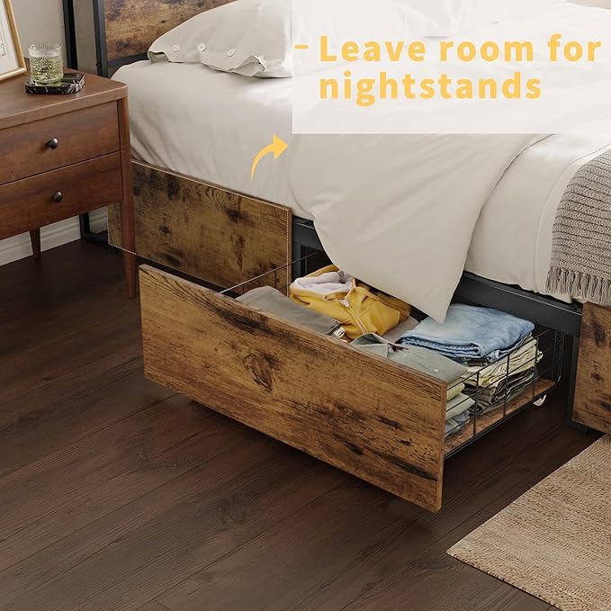 Queen Bed Frame with Storage Headboard and 4 Drawers LED Lights Metal Platform Non-Slip Without Noise Mattress Foundation Strong Metal Slats Support No Box Spring Needed