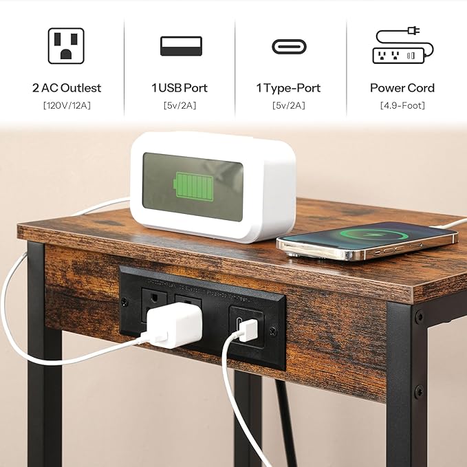 HOOBRO Tall End Tables with Charging Station, Set of 2, 30 Inch Tall Nightstands, 3-Tier Side Tables with Storage Shelves, for Living Room, Bedroom, Hallway, Rustic Brown BF09UDHP201G1