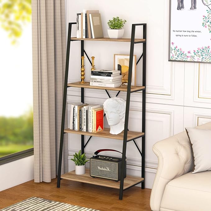 BON AUGURE Farmhouse Ladder Shelf Bookcase, 4 Tier Rustic Ladder Bookshelf, Standing Leaning Book Shelves for Living Room (Vintage Oak)