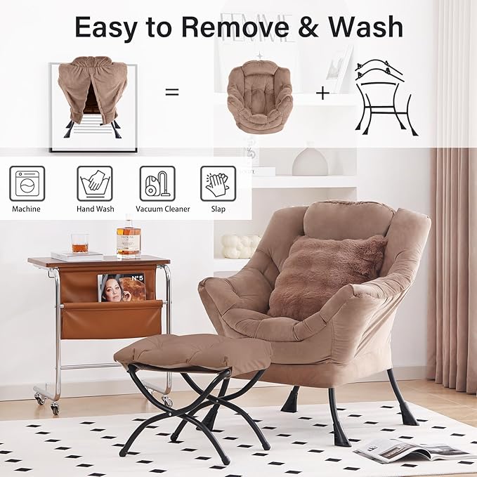 Large Lazy Chair with Ottoman, Accent Reading Chair with a Throw Pillow, Cozy Lounge Chair with Armrest, Leisure Sofa Chair for Living Room, Bedroom, Dorm, Khaki