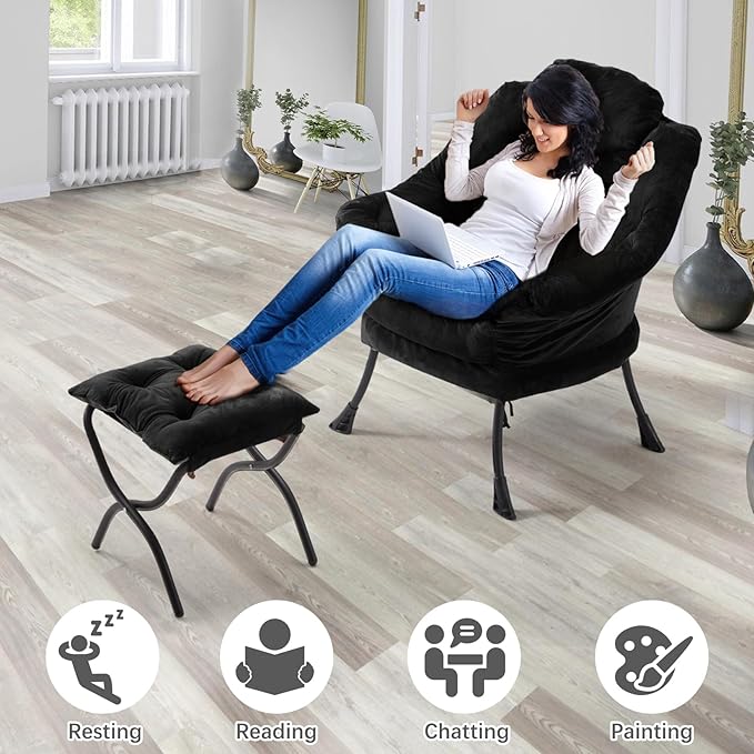 Lazy Chair with Folding Ottoman,Leisure Sofa Chair,Soft Fabric Armchair with Armrests and Side Pockets, Reading Chair with Footrest for Living Room, Bedroom, Office (Plush Black)