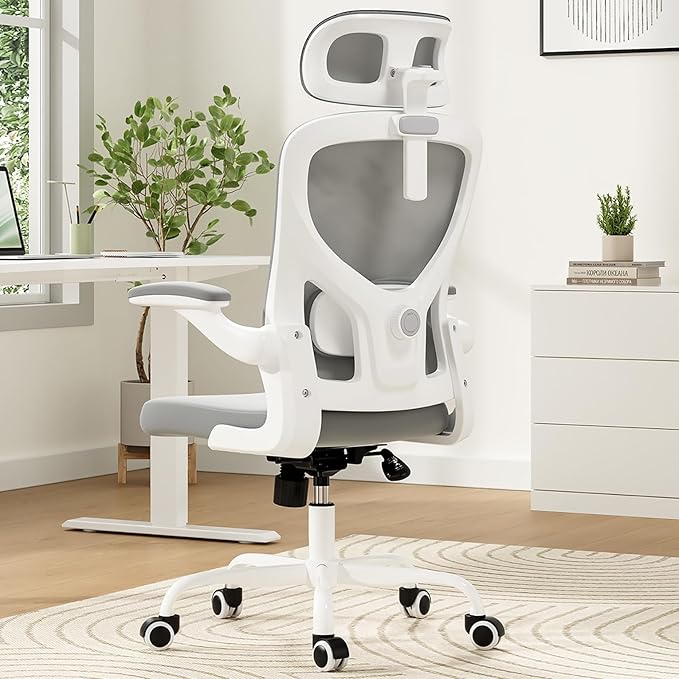 Ergonomic Office Chair, Comfy Home Office Chair High Back Computer Chair with Headrest, Adjustable Back Support, Flip-Up Arms, 90-120° Tilt and Wide Cushion, Up to 300lbs, Grey+White