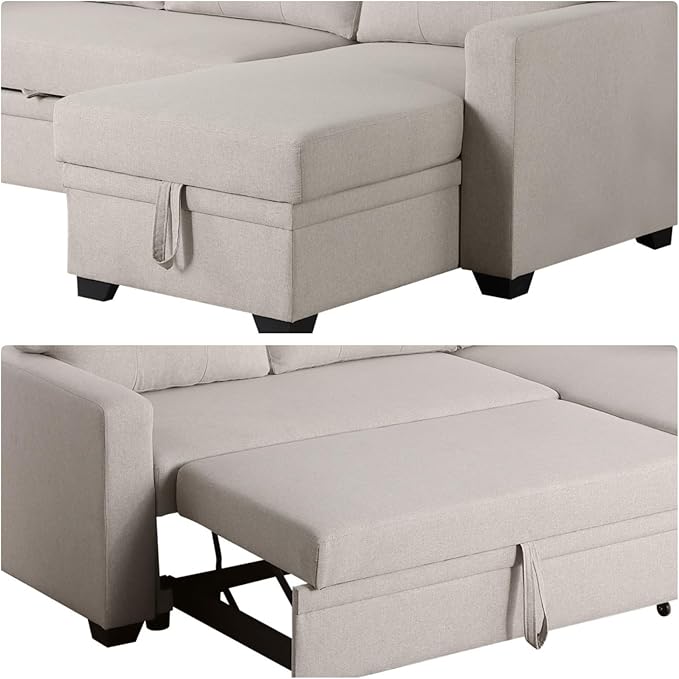 L-Shape Sofa Bed, 82" Sectional Couch with Storage Chaise, Pull Out Sleeper Sofa with Removable Back Cushions, Convertible Corner Couch for Living Room Apartment, Beige