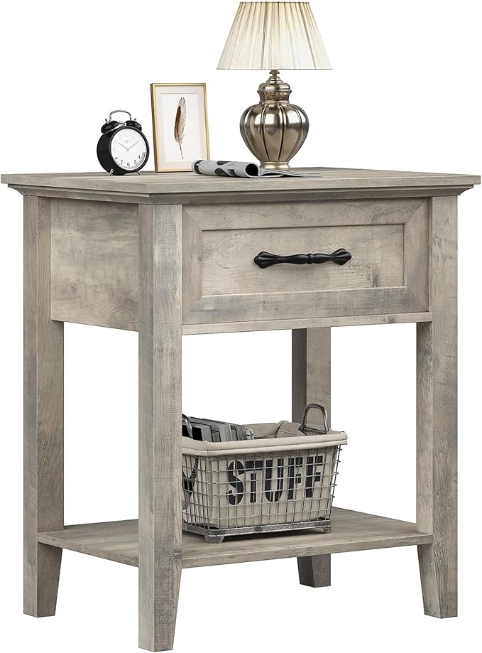 IDEALHOUSE Grey Nightstand, End Table with Drawer, Side Table for Spaces, 2 Tiers Storage Shelves with Dresser, Bedside Table for Living Room, Bedroom, Dorm (Grey)