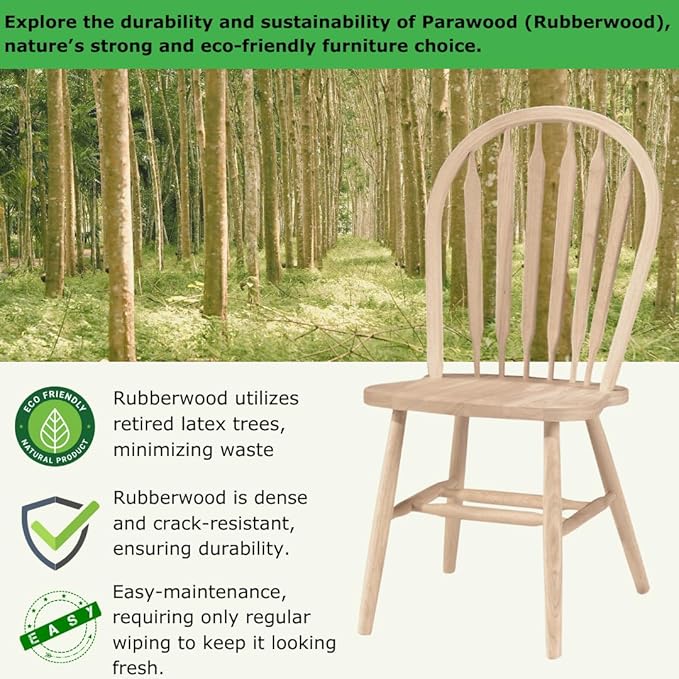 IC International Concepts Windsor ArrowBack Chair-Plain Legs 225lbs wt Capacity, Solid Real Wood, Sturdy Parawood, 19.25"W x 19.75"D x 38.25"H, Unfinished