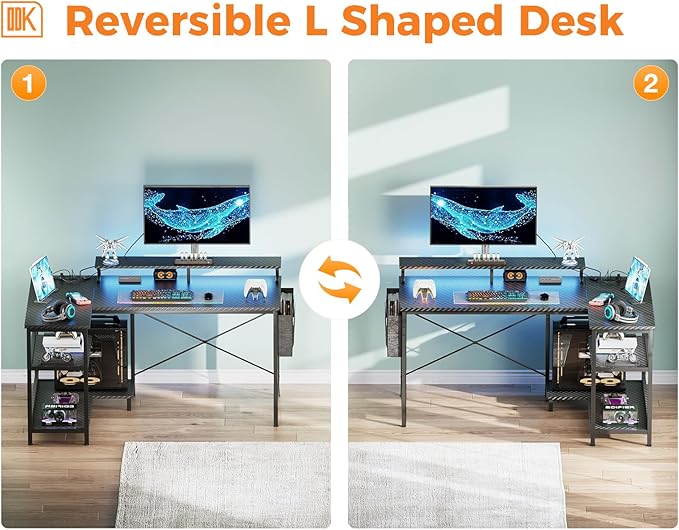 ODK 48 Inch Gaming Desk with USB Charging Ports and LED Lights, Reversible L Shaped Computer Desk with Storage Shelves & Monitor Stand, Corner Gamer Desk Table with Power Outlets, Black