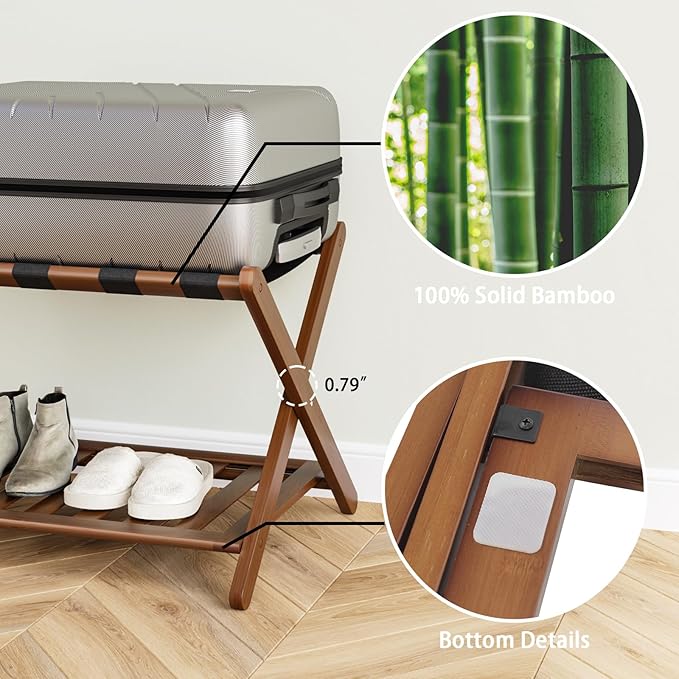 Fully Assembled Walnut Luggage Racks Set of 2, 5 Nylon Straps Folding Suitcase Stand, Bamboo Luggage Stands with Storage Shelf, Ideal for Guest Room, Bedroom, Hotel