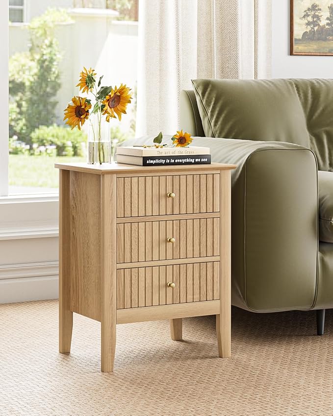 Fluted Nightstand, Farmhouse Night Stand with 3 Drawers, Mid Century Modern Side Accent Table,Bedside End Table for Bedroom, Living Room, Natural