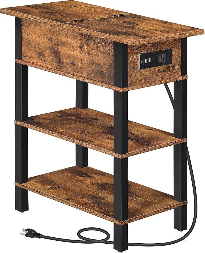 HOOBRO End Table with Charging Station, Flip Top Side Table with USB Ports, Narrow Nightstand Bedside Tables with Storage Shelves, for Small Space, Living Room, Rustic Brown and Black BF141UBZ01