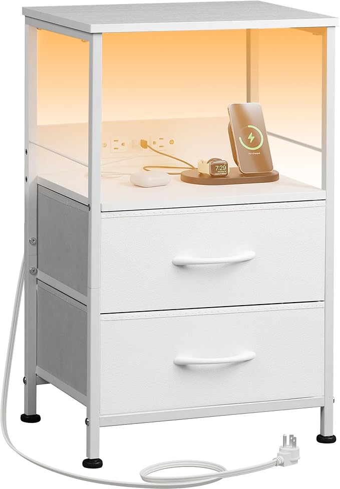 WLIVE White Night Stand with Charging Station, LED Nightstand with 2 Fabric Drawers and Storage Shelf, Dorm Bedside Table End Table with 2 USB Ports and Outlets, Small Dresser for Bedroom, Living room