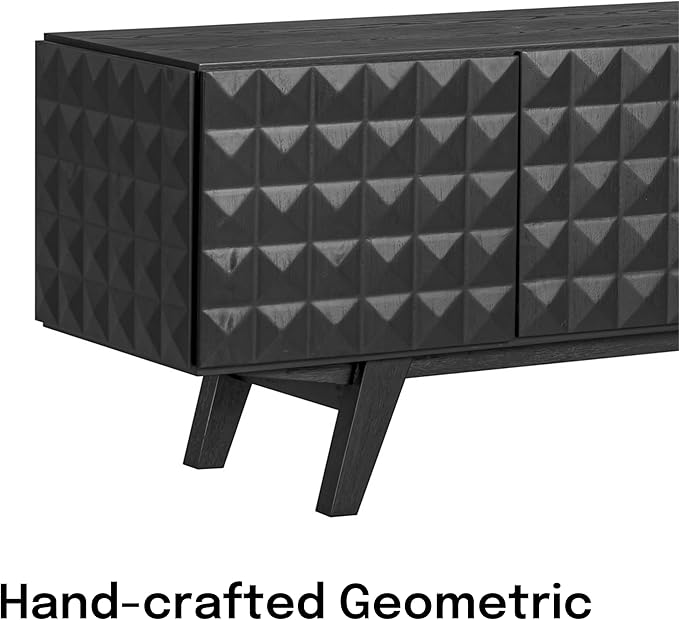 NTC Sapa Mid-Century Modern Solid Wood TV Stand 4-Door Media Console with Carved Geometric Fronts for TVs up to 75", Effortless Assembly, Burnt Black