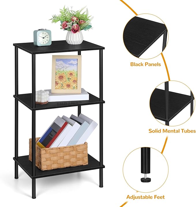 Tall Side Table with Storage 3 Tier Black End Table Metal Storage Shelves for Living Room Bedroom Bathroom Small Slim Table for Office